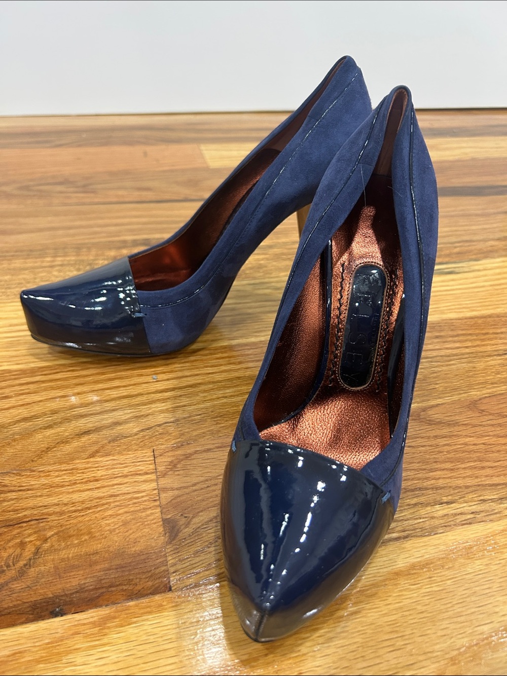 Jonathan Kelsey Navy Patent-Toe Suede Pointed Pumps